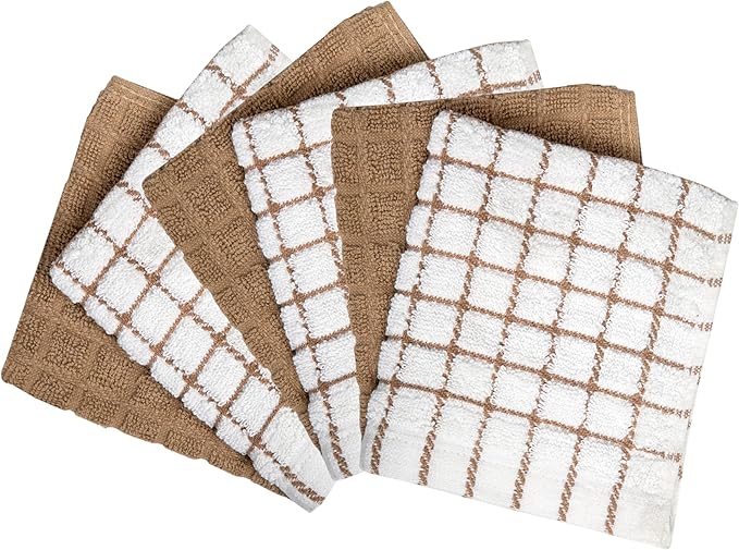 Bumble Premium Cotton Dish Cloths 12" x 12"| Tan Design | 405 GSM | Highly Absorbent & Soft Dish Towels | 100% Natural Ring Spun Cotton Kitchen Towel Set - 6 Pack