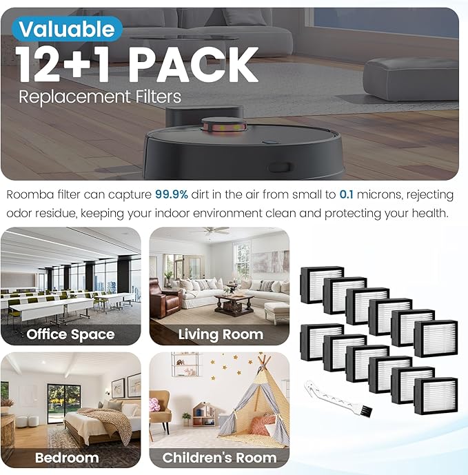 12 Pack Roomba Filters Fit for i-Robot Roomba I J E Series E5 E6 E7 i3 i3+ i4 i6 i6+ i7 i7+ i8 i8+ j7 j7+ Robot Vacuum Cleaners High-Efficiency Filter with 1 Cleaning Brush by Puxyblue