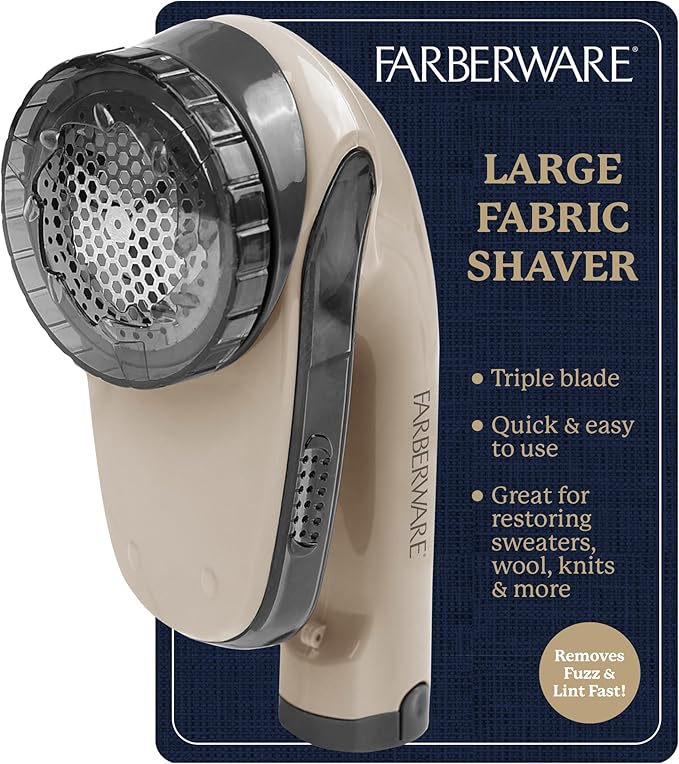 Farberware Lint Remover Fabric Shaver – Battery Operated Lint Shaver with Triple Blades for Clothes, Sweater Shaver to Remove Fuzz, Lint Balls, Pilling for Clothing, Couch, Furniture (Beige, Large)