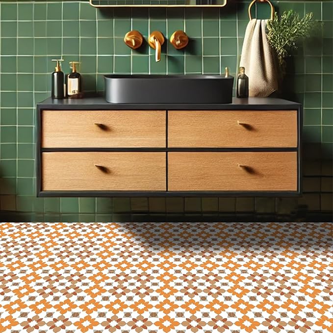 10PCS Peel and Stick PVC Floor Tile Stickers, Retro Orange Floral Pattern Vinyl Flooring Decals for Bathroom Kitchen Laundry Room Decor, 12x12 Inch Waterproof Self-Adhesive Tiles