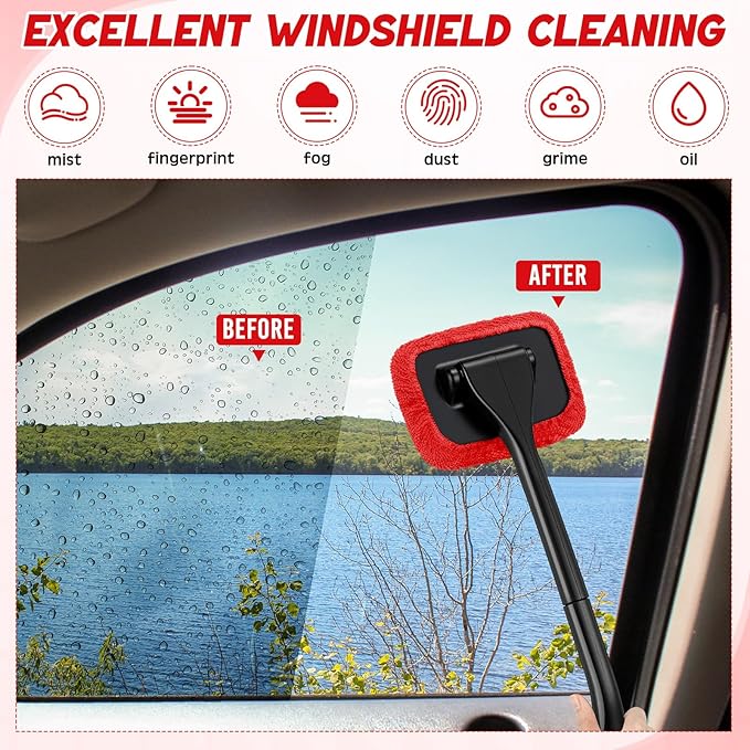 8 Pcs Car Windshield Cleaner Tool Kit with Removable Handle, Microfiber Towel Pads, Brush, Empty Spray Bottle for Auto Glass Wiper Suvs Rvs & Home Windows(Red)