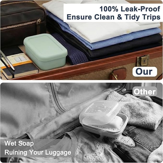 Leak Proof Silicone Travel Soap Case with Draining Tray - Bar Soap Holder for Travel, Gym & Camping - Mess-Free Portable Soap Container for Carry-on Bags (Mint Green)