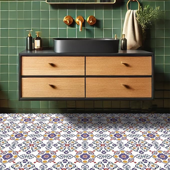 10PCS 12x12 Inch Vintage European Floral Peel and Stick Floor Tiles Removable Self Adhesive Vinyl Flooring Stickers for Entryway Kitchen Living Room Decor
