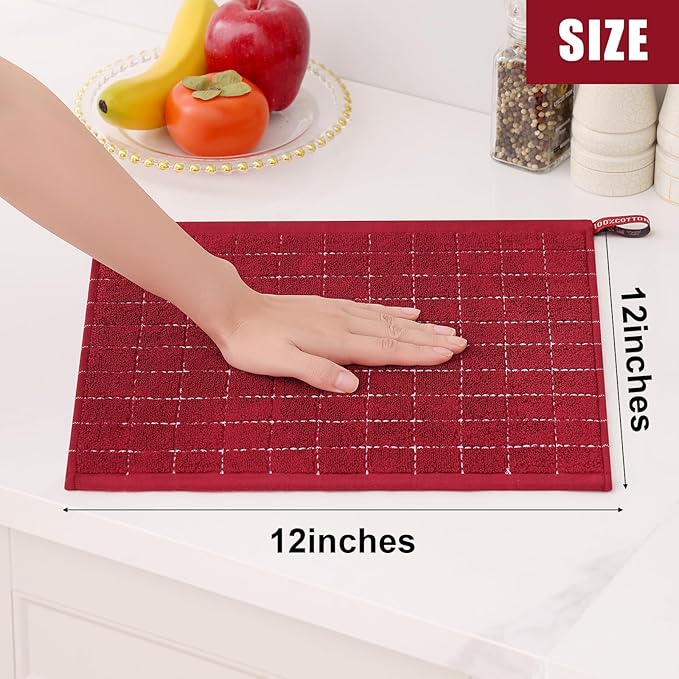Homaxy 100% Cotton Terry Kitchen Dish Cloths, Ultra Soft and Absorbent Dish Towels for Kitchen, Suitable for Drying and Washing Dishes, 12 Pack, 12 x 12 Inches, Brick Red