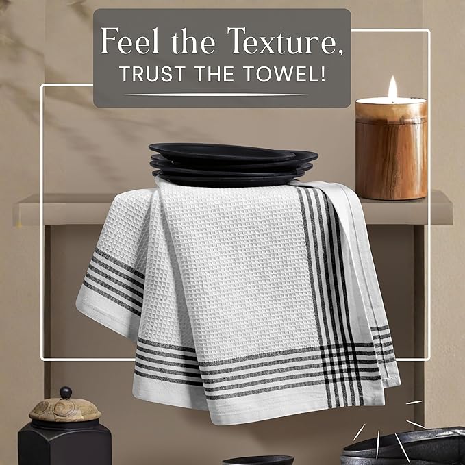 Waffle White & Black 12 Pack Kitchen Dish Towels, 100% Cotton, 16x26 inches, Wash Rags for Drying Dishes, Highly Absorbent, Long Lasting Hand Towels Set for Daily Cooking & Cleaning