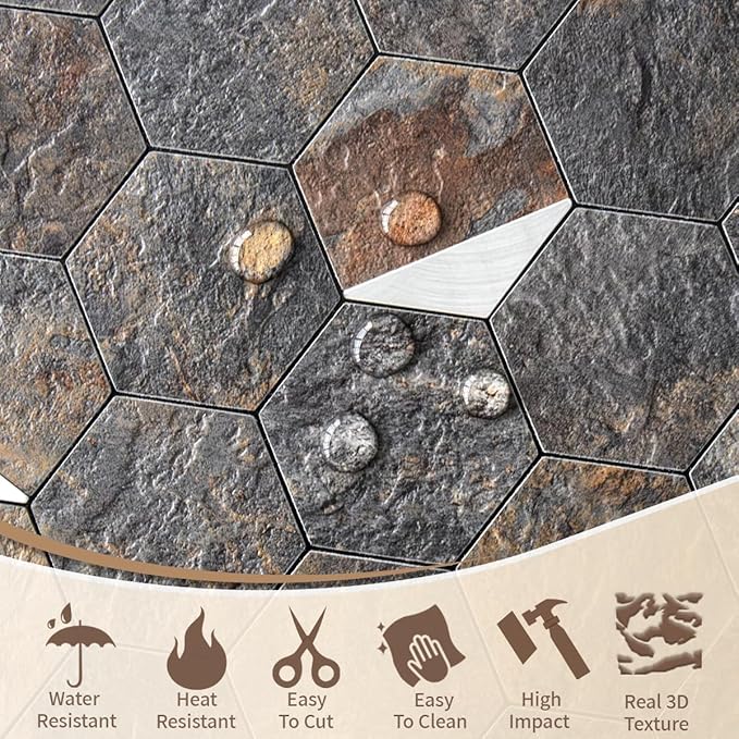 DICOFUN Hexagon Tile Mixed Metal Peel and Stick Backsplash, Self Adhesive Mosaic Tiles for Kitchen and Bathroom (1, Rust Slate and Silver)