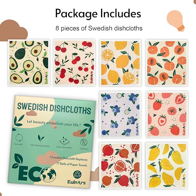 8 Pack Swedish Dishcloths for Kitchen, Fruit Swedish Dishcloths, Reusable Paper Towels Washable, Biodegradable, Non-Scratch Cellulose Sponge Cloths, No Odor