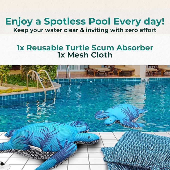 Hot Tub Scum Absorber Turtle ScumGuard Mesh - 1-Pack Oil & Scum Absorber for Spa, Hot Tub & Pool - Keeps Water Clear & Filters Protected - Includes 1 Washable Turtle Absorbers & Mesh Cleaning Cloth