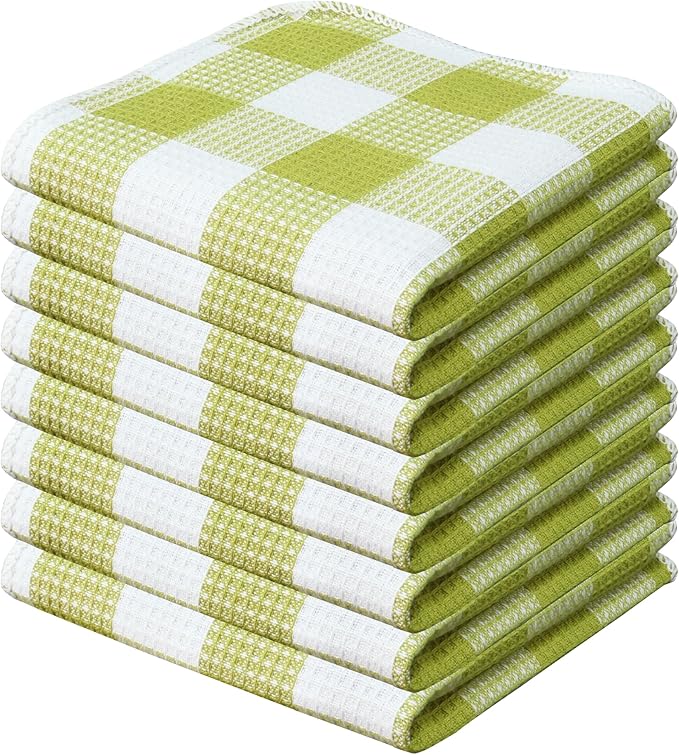 PurpleEssences Waffle Weave Plaid Dish Cloths, 100% Cotton, 12x12 Inch, Soft Absorbent Quick Drying Buffalo Check Dish Rags for Kitchen, 8 Pack, Christmas Holiday Winter - Light Green & White