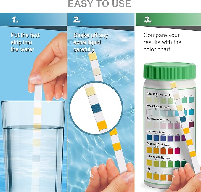 AAwipes Pool and Spa Test Strips 7 in 1 | 50 Pool Water Testing Kit for Pool, Hot tub | Accurate Test Bromine, Total Alkalinity, pH, Free Chlorine, Hardness, Cyanuric Acid, Total Chlorine (K01-50)