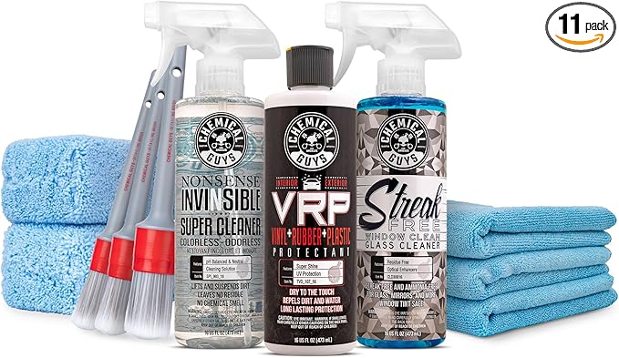 Chemical Guys Car Interior Detailing Kit - VRP Protectant, Nonsense Cleaner, Streak Free Glass Cleaner, 3 Detailing Brushes, 3 Towels, 2 Applicators, 11-Items