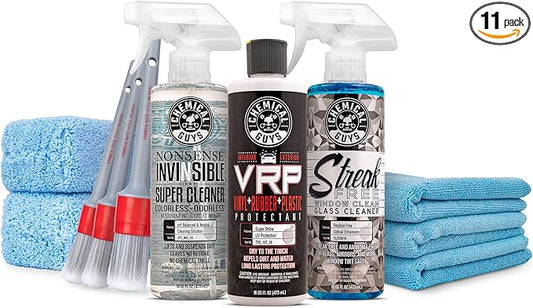 Chemical Guys Car Interior Detailing Kit - VRP Protectant, Nonsense Cleaner, Streak Free Glass Cleaner, 3 Detailing Brushes, 3 Towels, 2 Applicators, 11-Items
