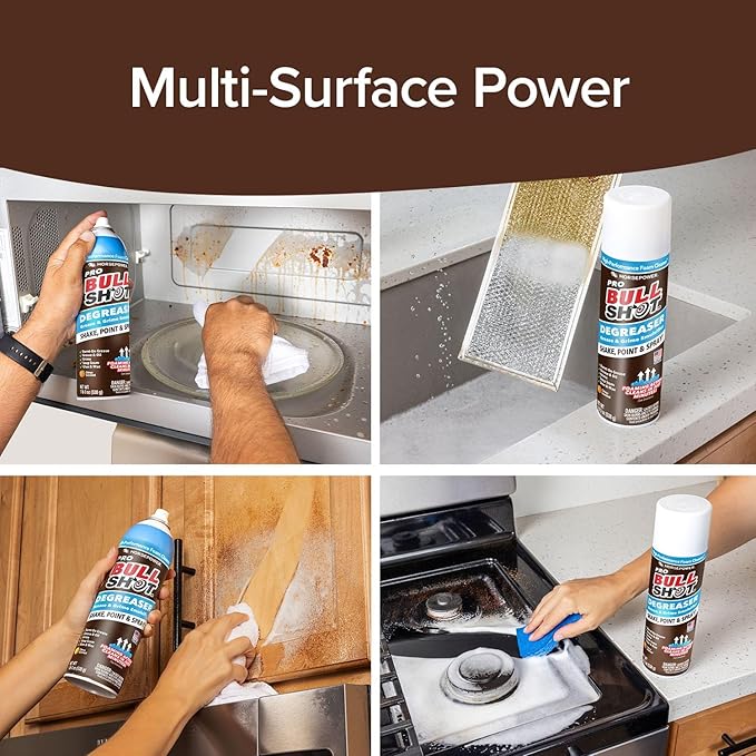Bull Shot Degreaser Pro, Foaming Degreaser & Grime Remover, Professional Strength AS SEEN ON TV Residue-Free, Shake, Point & Spray, Emulsifies Grease, Oil, Glue, Residue & More - Made in USA - 2PK