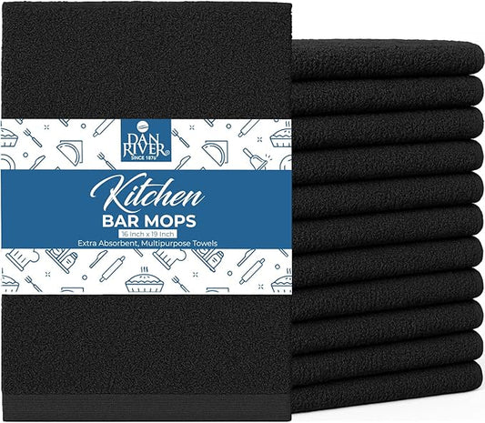 DAN RIVER Kitchen Bar Mops,Pack of 12,16 by 19 Inches,100% Cotton Super Absorbent,Multi-Purpose Cleaning Towels for Home and Kitchen Bars-Black