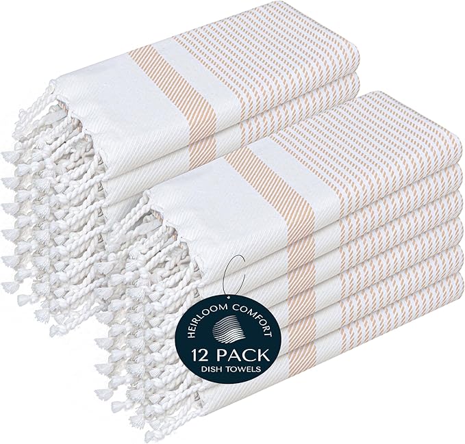 Beige Turkish Kitchen Towels 16x26 Inch, 12 Pack, 100% Cotton, Ultra Absorbent, Soft, Fast Dry, Machine Washable, Dish Towel with Tassels for Drying Dishes, Cleaning, Everyday Use