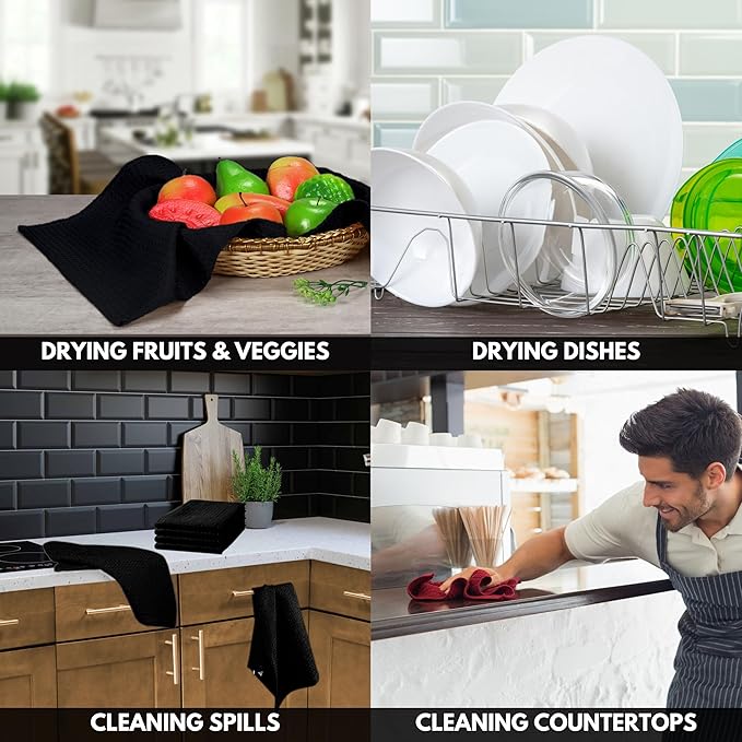 Black Waffle Kitchen Dish Towels, 100% Cotton, Quick Dry, Super Absorbent, Soft, 16x26 Inches - Ideal for Dish Drying, Bar, Hand Wipe, Cleaning, and Everyday Use, 4 Pack