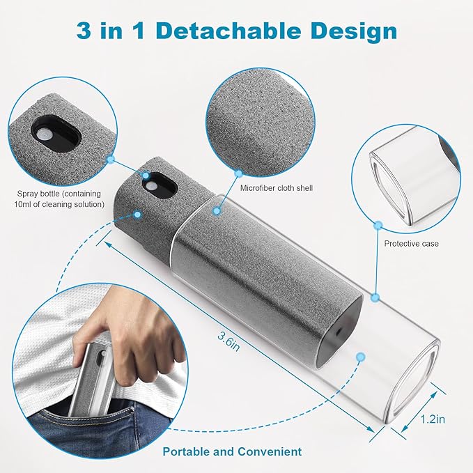 4 Pack Screen Cleaner 3-in-1 Touchscreen Mist Cleaner Spray and Microfiber Cloth Built-in Cleaning Solution Portable Reusable Fingerprint-Proof Spray Bottle for Phone Laptop iPad TV Monitor Car Screen