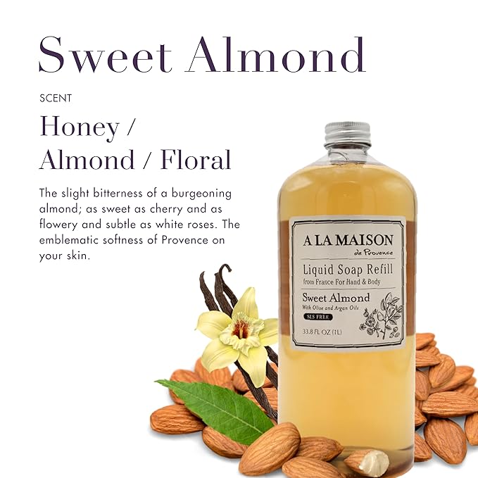 A LA MAISON Sweet Almond Natural Hand Wash Made with Essential Oils - Biodegradable, Plant-Based, Vegan, Cruelty-Free (33.8 Fl Oz Refill, 2 Pack)