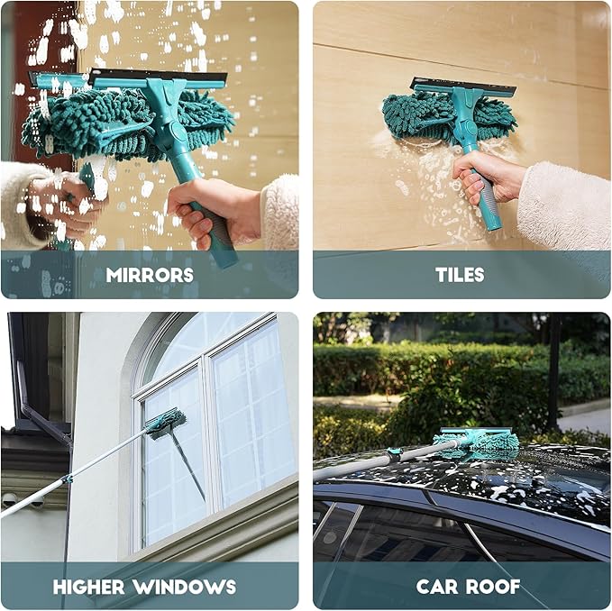 20 Feet High Reach Window Squeegee with 5-12Ft Extension Pole, Window Cleaner Tool with 3-Stage Telescoping Pole, Window Cleaning Kit with Rotatable Head (2 Squeegee & 2 Microfibre Cloths)
