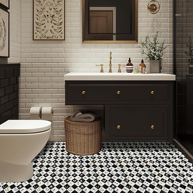 10PCS 12x12 Inch Floral Checkerboard Peel and Stick Floor Tiles Removable Self Adhesive Vinyl Flooring Stickers for Kitchen Entryway Studio Home Decor