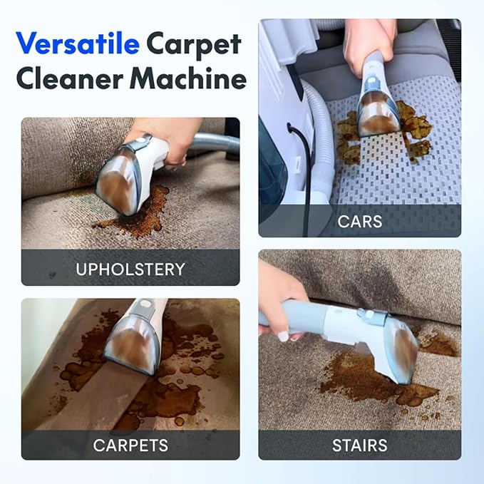 Portable Carpet Cleaner Machine, Upholstery Stain Remover for Pet Hair, Area Rugs, Cars, Strong Suction, White