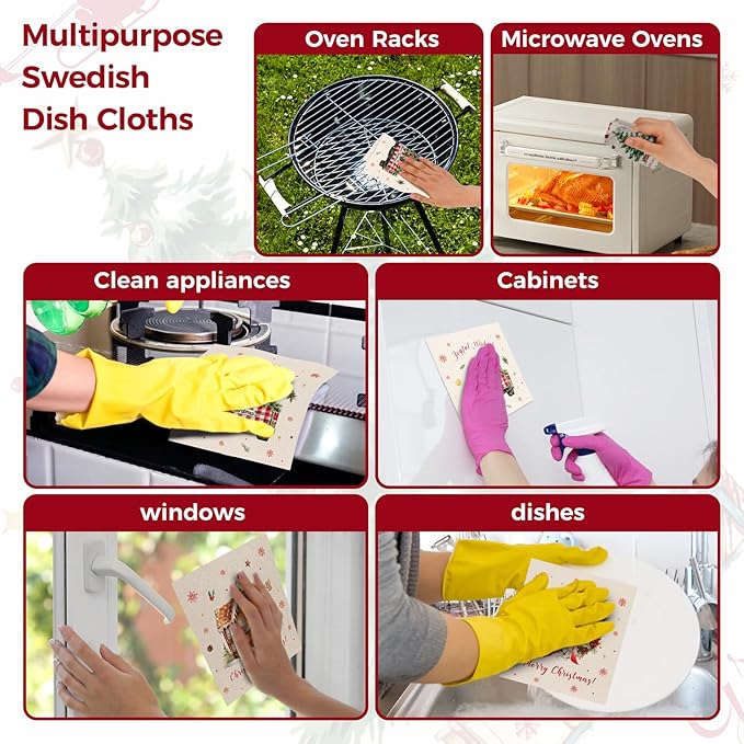 10PCS Swedish Dishcloths for Kitchen, Reusable Dish Rags for Washing Dishes with Clips, Non-Scratch Kitchen Towels and Dishcloths Sets, Washable Swedish Dish Cloths, No Odor(Christmas)
