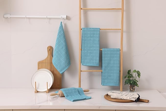 Homaxy 100% Cotton Terry Kitchen Towels(Lake Blue, 13 x 28 inches), Checkered Designed, Soft and Super Absorbent Dish Towels, 6 Pack