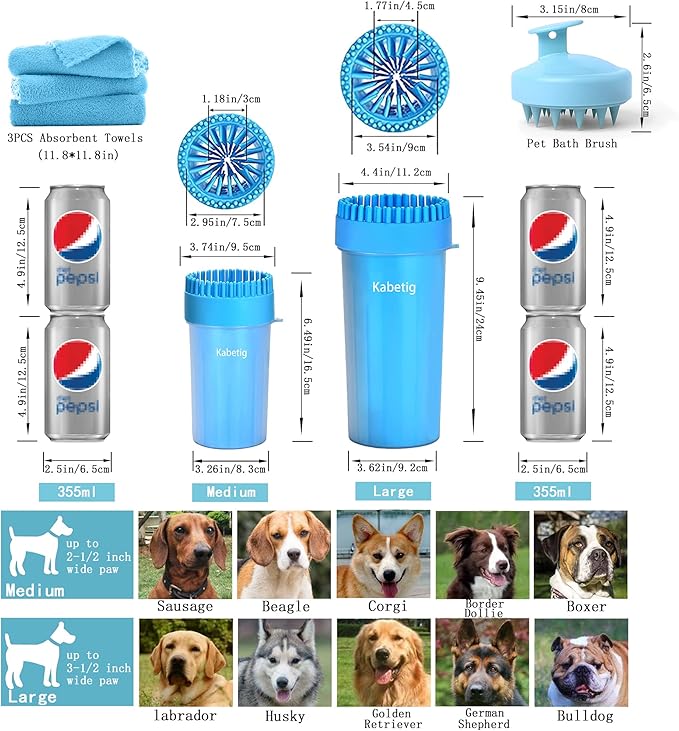 Dog Paw Cleaner Kit - Blue, for L/XL Dogs, Quick Clean No Full Bath, 5-in-1 Bath Grooming Kit, Exclusive Cup-Mounted Brush Head, Grip Silicone Brush, 3 Absorbent Towels, Fits Lab