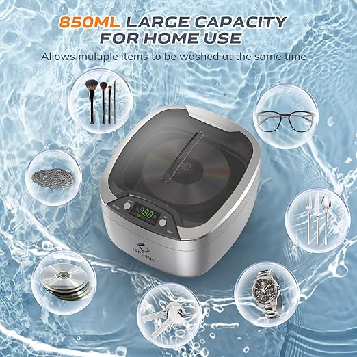 Life Basis Ultrasonic Cleaner Household Ultrasonic Jewelry Cleaner 850ml (28 Ounces) LCD Screen with 5 Digital Timer Watch Stand CD Holder for Ring Jewelry CD DVD Watches Glasses Makeup Brush - Silver