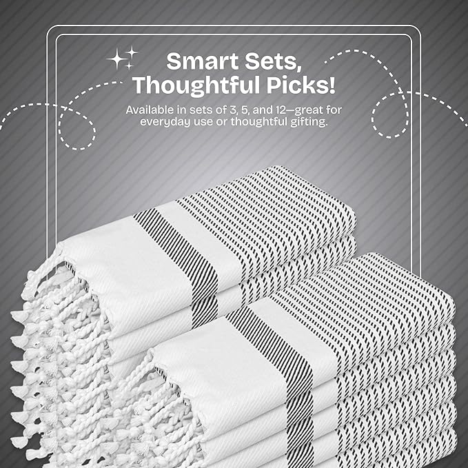 Black Turkish Kitchen Towels 16x26 Inch, 5 Pack, 100% Cotton, Ultra Absorbent, Soft, Fast Dry, Machine Washable, Dish Towel with Tassels for Drying Dishes, Cleaning, Everyday Use