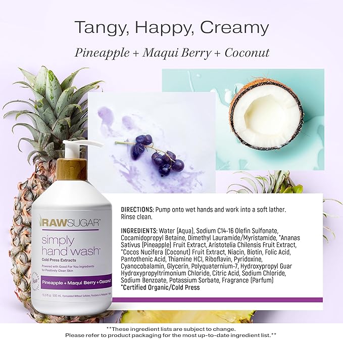 RAW SUGAR 3-Pack Liquid Hand Soap, Moisturizing with Fruity Aroma, Formulated without Parabens, Cruelty Free & Vegan - 16.9 Fl. Oz (Pineapple + Maqui Berry + Coconut)