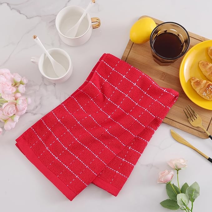 Mordimy 100% Cotton Terry Cloth Kitchen Towels, Super Soft and Absorbent Dish Towels for Drying, Checkered Designed Hand Towels for Kitchen, 16 x 26 Inches, 8 Pack, Red