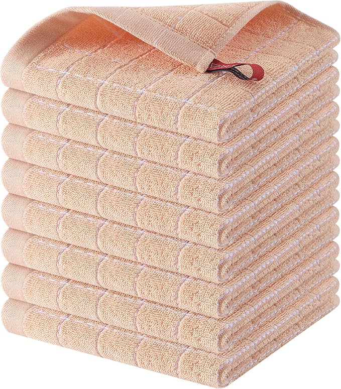Homaxy 100% Cotton Terry Kitchen Dish Cloths, Ultra Soft and Absorbent Dish Towels for Kitchen, Suitable for Drying and Washing Dishes, 8 Pack, 12 x 12 Inches, Apricot