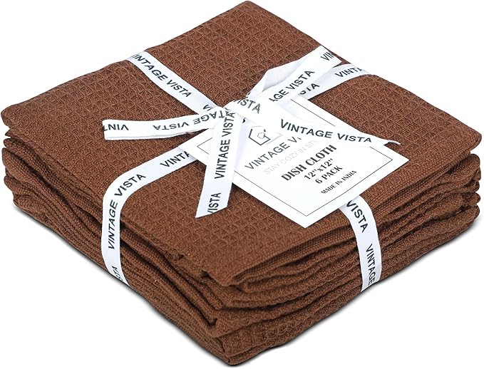 Vintage Vista 100% Cotton Waffle Dish Cloths (Pack of 6) - Dish Rags for Washing Dishes - Reusable & Highly Absorbent Kitchen Towels - Kitchen Rags for Christmas - (12" x 12" - Brown)