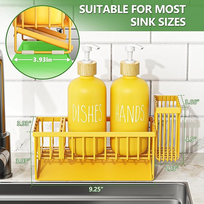 Cisily Yellow Dish Soap Dispenser Set, 16 fl Oz Dual Kitchen Soap Dispensers with Sponge Holder, Customized Stainless Steel Kitchen Soap Dispenser Set