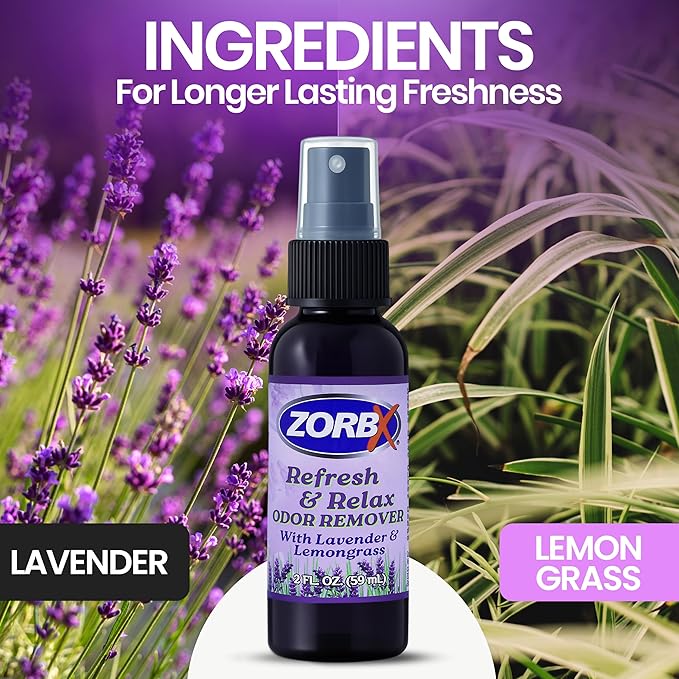 ZORBX Refresh & Relax 2 Oz Odor Remover Spray with Lavender & Lemongrass – Permanent Solution Room Freshener & Air Freshener Spray for Home, Bathroom, Furniture, Carpet, Car, Gym & Laundry