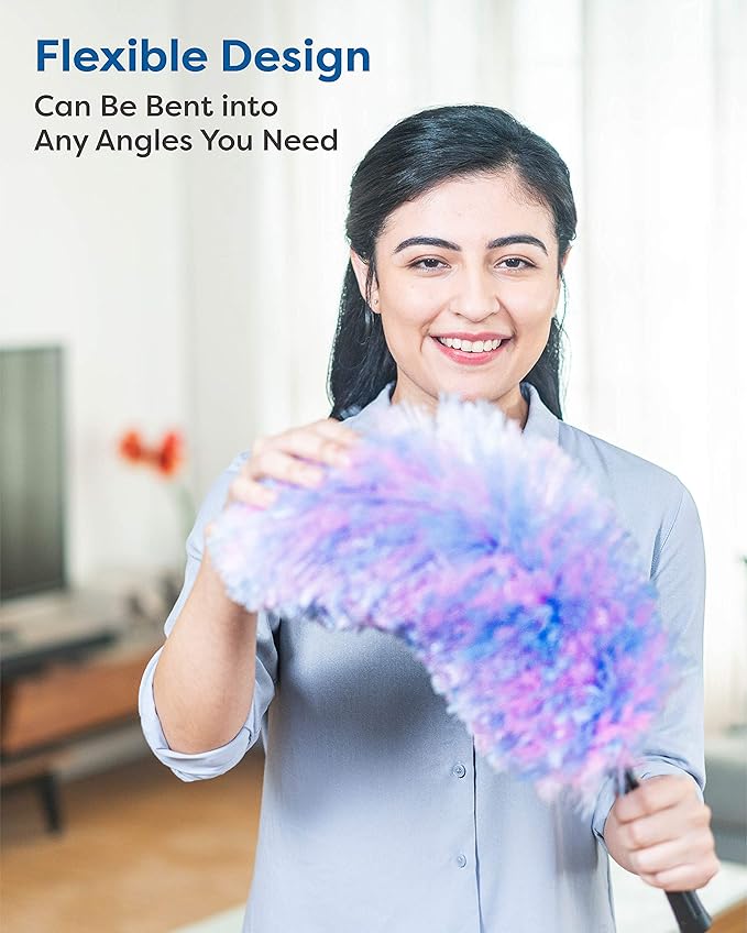 Feather Duster Kit with 5.6ft Extension Pole, 4 Dusting Brush for Cleaning Home Wall Ceiling Fan Cobweb, Microfiber Static Washable Dusters, Pink Violet