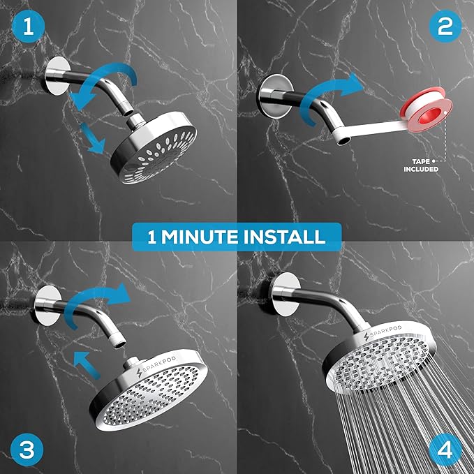 SparkPod Shower Head - High Pressure Rain - Premium Quality Luxury Design - No Tools Needed - Easy Clean Adjustable Replacement for Your Bathroom Shower Heads (Luxury Polished Chrome, 6 Inch Round)
