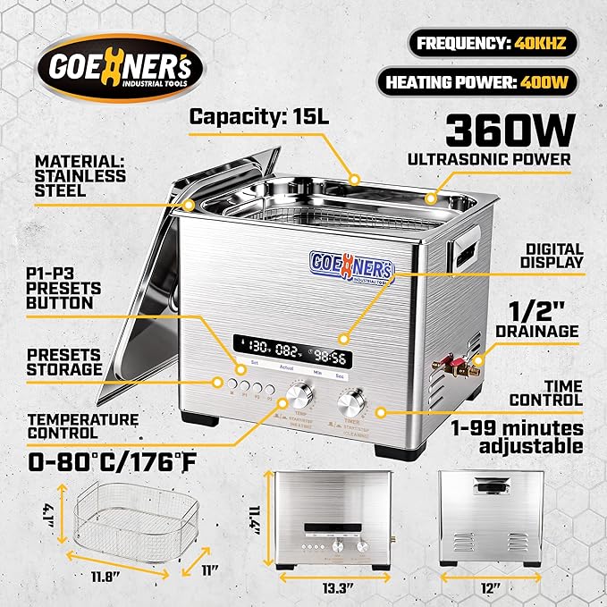 15L Professional Ultrasonic Cleaner Machine with Heater, 360W Ultra Sonic Cleaner with 3 Custom Memories, 99Min Timer & 176°F Temp, 40kHz Stainless Steel Ultrasonic Parts Cleaner for Carburetor, Lab