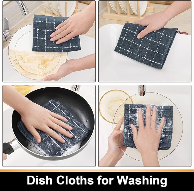 Mordimy 100% Cotton Terry Cloth Dish Cloths, Soft and Absorbent Checkered Dish Towels, Quick Drying Dish Rags for Washing Dishes, 12 Pack, 12 x 12 Inches, Grey