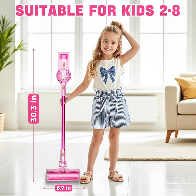 4-in-1 Kids Toy Vacuum That Works with Suction, Electric Toy Toddler Vacuum Cleaner for Children Ages 3 4 5 6+ Boys & Girls,Toddlers Toys Cleaning Set for Pretend Play (Pink)