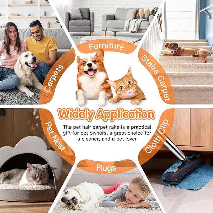 Carpet Rake for Pet Hair Removal, 5 in 1 Reusable Pet Hair Removal Tool Kit, Cat & Dog Hair Carpet Rake, Adjustable Long Handle Pet Hair Removel Tool, Pet Hair Broom for Carpet, Rugs, Mats, Furniture