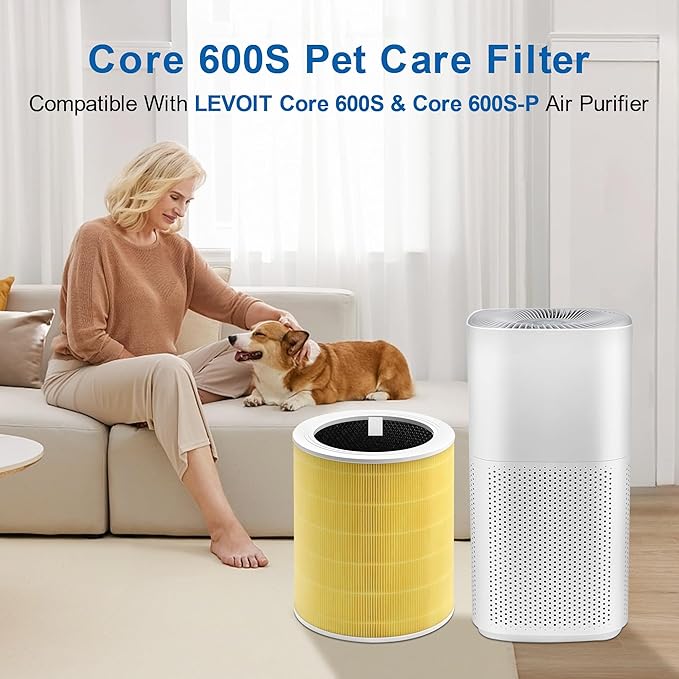 Core 600S Pet Replacement Filter, Compatible with LEVOIT Core 600S and Core 600S-P Air Purifier, 3-in-1 Filtration Filter, HEPA and Activated Carbon, for Home, Smoke, Pollen, Pet Dander, Yellow