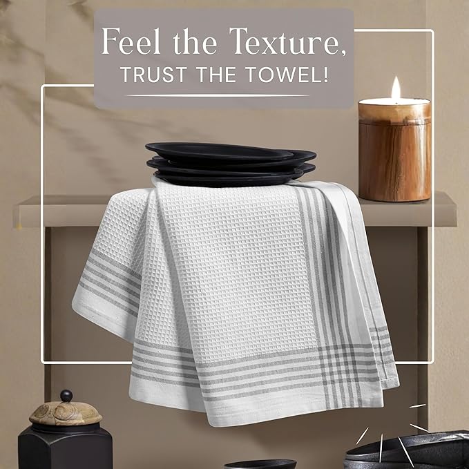 Waffle White & Grey Kitchen Towels 12 Pack, 100% Cotton, 16x26 inches, Quick Drying Dish Cloths, Absorbent Bar Mop Towels, Durable Kitchen Dishcloths Set for Daily Use