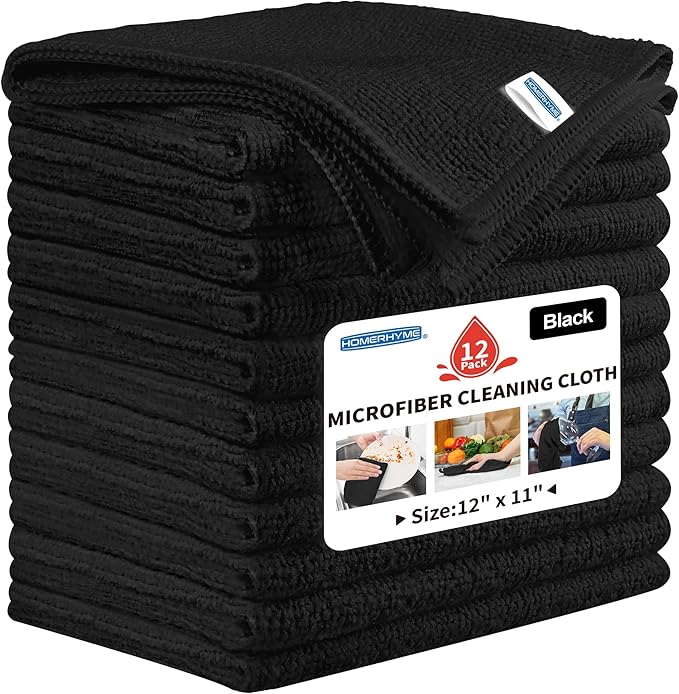 HOMERHYME Microfiber Cleaning Cloth, 12 Pack Black Cleaning Rags,12" X 11" Lint Free Dish Towels Wash Cloths, Reusable Microfiber Towels for Home and Kitchen Bathroom Apartment Cleaning Supplies