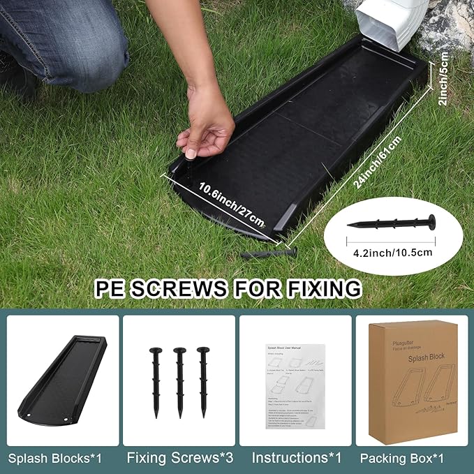 Rain Gutter Downspout Splash Block, Gutter Downspout Extensions for Water Drainage, 24" Gutter Splash Guards Downspout Extender, Fixable Down spout Drain Trays with PE Nails(1 Pack, Black)