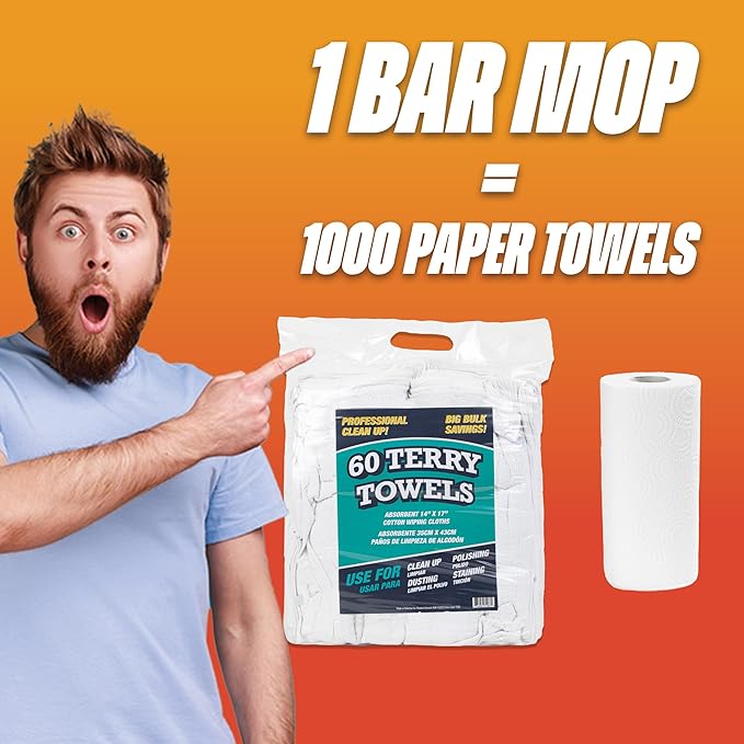Arkwright TT60 Terry Cloth Towels for Cleaning - (Pallet of 7500) 100% Cotton Washable Heavy Duty Bar Mop, Absorbent & Quick Drying, Bag of Rags for Kitchen, Auto Shop, and Garage, 14 x 17 in, White