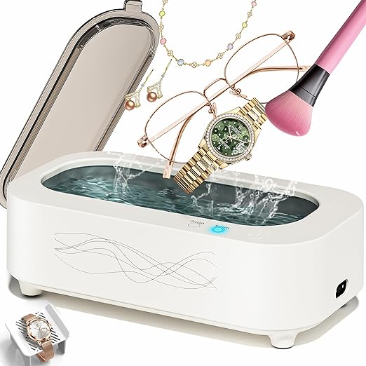 Ultrasonic Jewelry Cleaner, Professional 48KHz Ultrasonic Machine for Jewelry, Eyeglass,Denture,Watch Band,Retainer,Ring - 2 Cleaning Modes/360°Deep Clean,350ML/12OZ 304 Stainless Steel Tank,Low Noise