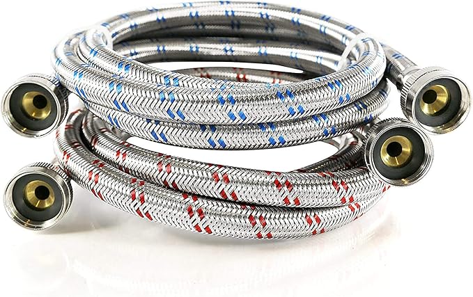 K&J Premium 4ft Stainless Steel Washing Machine Hoses Burst Proof 2 Pack - Hot and Cold Water Supply Hoses for Washing Machines