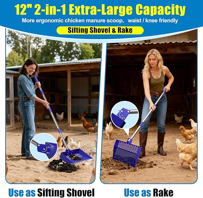 12-Inch 2-in-1 Chicken Poop Scooper & Rake, Chicken Coop Scoop with Adjustable Stainless Steel Handle （24–64"）, 3 Angles & 2 Sifting Holes, Litter Scoop Sand Sifting Shovel Pooper Scooper (Blue)